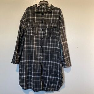 PUWEI Casual Lapel Button Down Long Plaid Shirt Coat Tartan Shacket Jacket XL